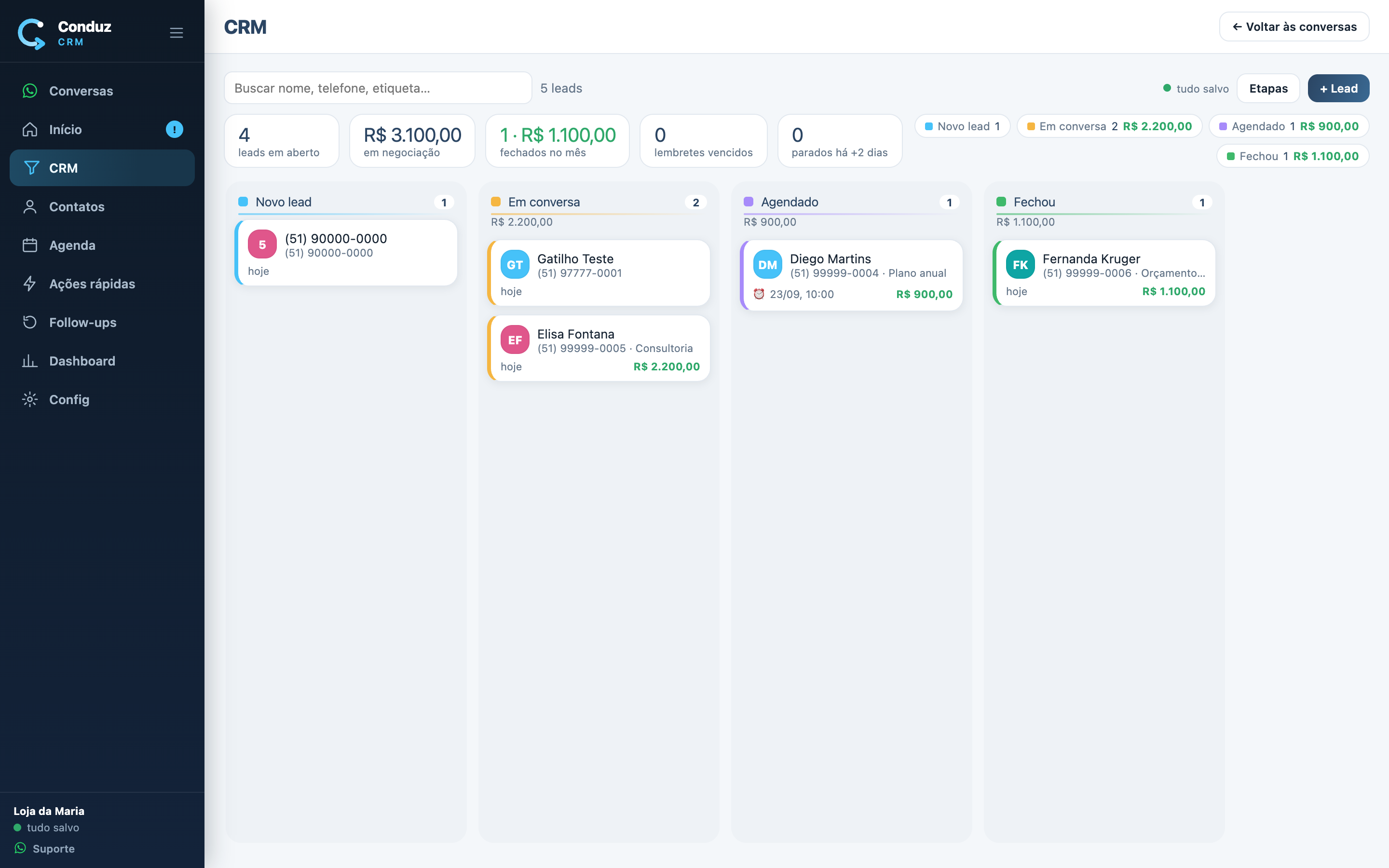 O funil do Conduz CRM aberto dentro do WhatsApp Web